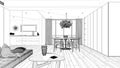 Blueprint project draft, minimalist living room with kitchen and dining table, sofa with pillows, coffee table, pendant lamp,