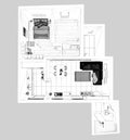 Blueprint project draft, modern apartment, top view, plan, above. Living room, kitchen with dining room, bedroom and bathroom. Royalty Free Stock Photo