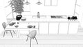 Blueprint project draft, modern clean contemporary kitchen, island and wooden dining table with chairs, bamboo and potted plants,