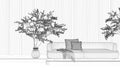 Blueprint project draft, molded plaster wall in modern luxury living room with sofa and potted tree. Cozy background with copy