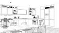 Blueprint project draft, penthouse minimalist kitchen interior design, island and stools, dining table, cabinet and accessories,
