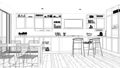 Blueprint project draft, penthouse minimalist kitchen interior design, island and stools, dining table, cabinet and accessories,