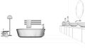 Blueprint project draft, showcase bathroom interior design, freestanding bathtub and wash basing. Round mirrors, faucets, modern