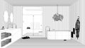 Blueprint project draft, spa bathroom, sauna room with glass doors, freestanding bathtub, washbasin with round mirror, pendant