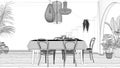 Blueprint project draft, vintage retro dining room with table and chairs, breakfast buffet, classic pendant lamps, archways with