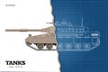Blueprint of realistic tank. Top, front and side view. Detailed armored car. War vehicle in outline style Royalty Free Stock Photo