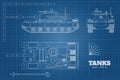 Blueprint of realistic tank. Top, front and side view. Detailed armored car. War vehicle in outline style Royalty Free Stock Photo