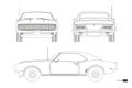 Blueprint of retro car. American vintage automobile of 1960s in outline style. Front, side and back view. Classic auto