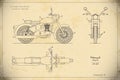 Blueprint of retro classic motorcycle in outline style. Side, top and front view. Industrial drawing of motorbike