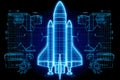 Blueprint Space Rocket Architect, blue neon color background. AI Generated Royalty Free Stock Photo
