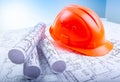 Blueprint rolls and set of construction tools Royalty Free Stock Photo