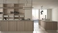 Blueprint sketch draft, design concept, architect designer project, minimalist luxury expensive kitchen, island, sink and gas hob