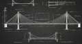 Blueprint-style drawing of a cable-stayed bridge. The design includes detailed Royalty Free Stock Photo