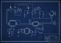 Blueprint-style electronic circuit diagram on a dark blue background, featuring interconnected Royalty Free Stock Photo