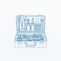 Blueprint style tool kit with wrenches, pliers, and screwdrivers in case Royalty Free Stock Photo