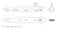 Blueprint of submarine. Military ship. Top, front and side view. Battleship model. Industrial drawing. Warship