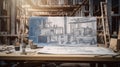 Blueprint and tools on a desk in a construction site. Drawing table for engineer, foreman and workman meeting and check a Royalty Free Stock Photo