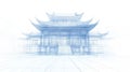 3D Wireframe Blueprint of Traditional Asian Pagoda Architecture. Royalty Free Stock Photo