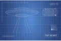 Blueprint of UFO. Technical document with the drawing of alien spaceship