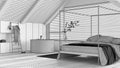 Blueprint unfinished project draft, attic interior design, minimal wooden bedroom and bathroom with canopy bed and panoramic Royalty Free Stock Photo