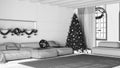 Blueprint unfinished project draft, Christmas tree and presents in scandinavian living room with sofa and carpet. Parquet and