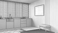 Blueprint unfinished project draft, contemporary kitchen with wooden walls and frame mockup. Big window with venetian blinds,