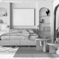 Blueprint unfinished project draft, cozy wooden bedroom with parquet, double bed with duvet, tables and carpet. Niches and arched