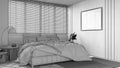 Blueprint unfinished project draft, japandi bedroom with wooden walls and frame mockup. Double bed with pillows, carpets and