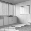 Blueprint unfinished project draft, japandi kitchen with wooden walls and frame mockup. Cabinets, carpets and decors. Minimal
