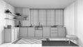 Blueprint unfinished project draft, japandi wooden kitchen. Cabinets and shelves, sink and appliances. Marble tiles floor and