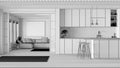 Blueprint unfinished project draft, minimal japandi kitchen and living room. Fabric sofa and island, paper sliding door and