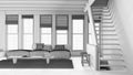 Blueprint unfinished project draft, minimal living room with wooden beams ceiling and windows. Sofa with coffee table and