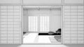 Blueprint unfinished project draft, minimal meditation room with paper door. Capet, pillows and tatami mats. Wooden beams and