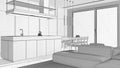 Blueprint unfinished project draft, minimal modern wooden kitchen and dining room, living room with sofa. Resin floor and