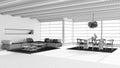 Blueprint unfinished project draft, minimal modern wooden living and dining room with sofa and table. Beams ceiling. Japandi