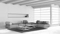 Blueprint unfinished project draft, minimal modern wooden living room with sofa and table. Limestone marble floor and beams