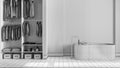 Blueprint unfinished project draft, minimalist nordic wooden bathroom with walk-in closet. Freestanding bathtub, wallpaper and