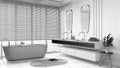 Blueprint unfinished project draft, minimalist wooden bathroom. Freestanding bathtub and washbasin with mirror. Marble tiles floor
