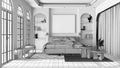 Blueprint unfinished project draft, modern wooden bedroom with parquet and arched windows. Master bed, carpets, tables and