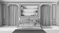 Blueprint unfinished project draft, neoclassic bedroom. Double bed and carpet, arched walls with curtains. Molded walls and