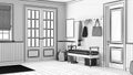 Blueprint unfinished project draft, scandinavian hallway. Wooden bench and coat rack. Glass, wallpaper and entrance door,