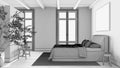 Blueprint unfinished project draft, scandinavian nordic wooden bedroom. Double bed with duvet and decors. Beams ceiling and