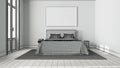 Blueprint unfinished project draft, scandinavian nordic wooden bedroom. Double bed, side tables and carpet. Parquet floor and