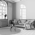 Blueprint unfinished project draft, wooden retro living room. Fabric sofa, parquet, decors and wall mockup. Farmhouse interior