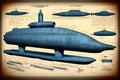 Blueprint of Vintage Submarine, Generative AI Illustration