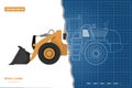 Blueprint of wheel loader. Top, side and front view. Diesel digger. Hydraulic machinery. Industrial document