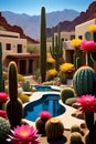 A blueprints architectural with blooming cactus garden, pond, create a desert oasis, bold painting, abstract art