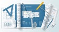 The blueprints include detailed floor plans labeled Public Section and Royalty Free Stock Photo