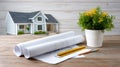 Blueprints, new house model, and construction planning tools Royalty Free Stock Photo