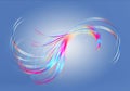 Bright iridescent twisted wavy lines intersect in the shape of a fan on a bluish gradient background